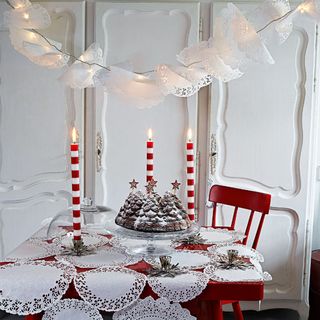 red and white christmas with dining room and cake