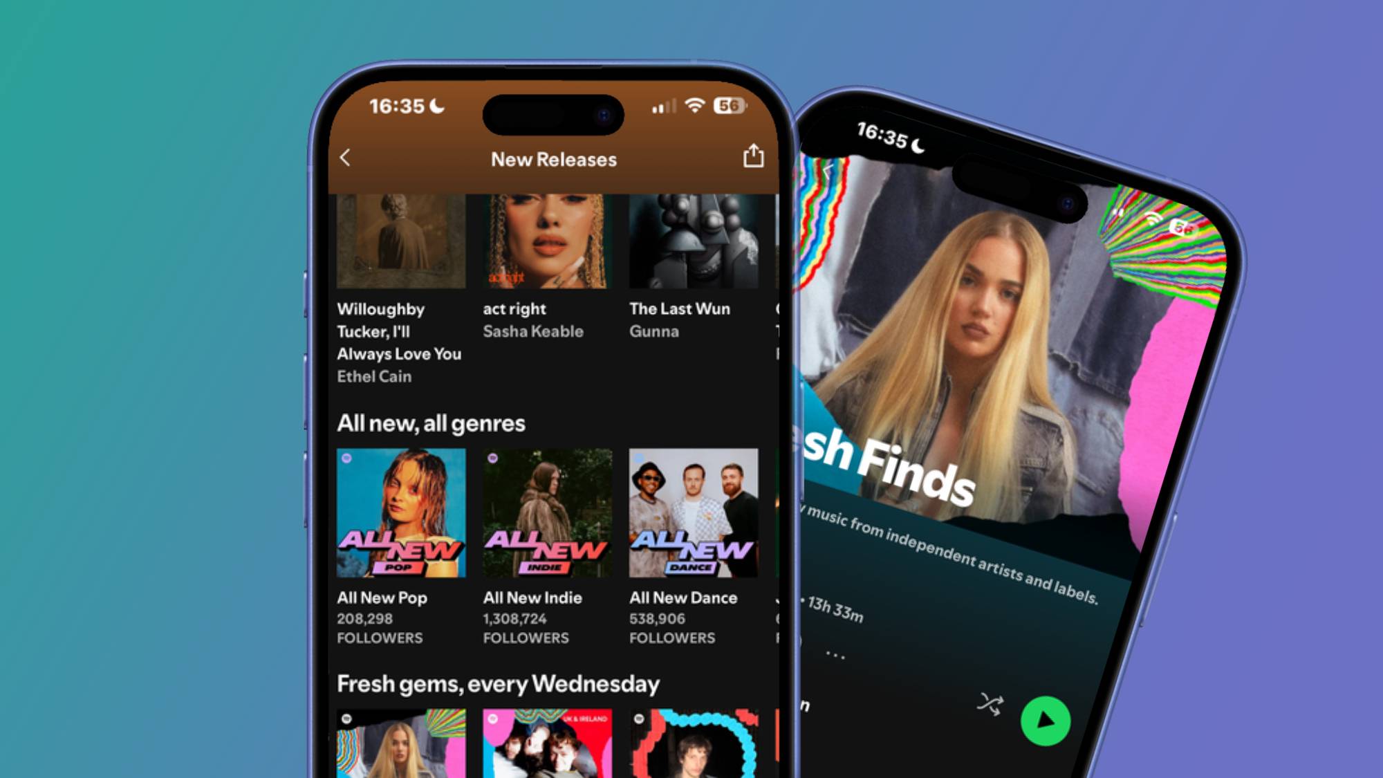 Images of Spotify's New Releases hub and Fresh Finds playlist