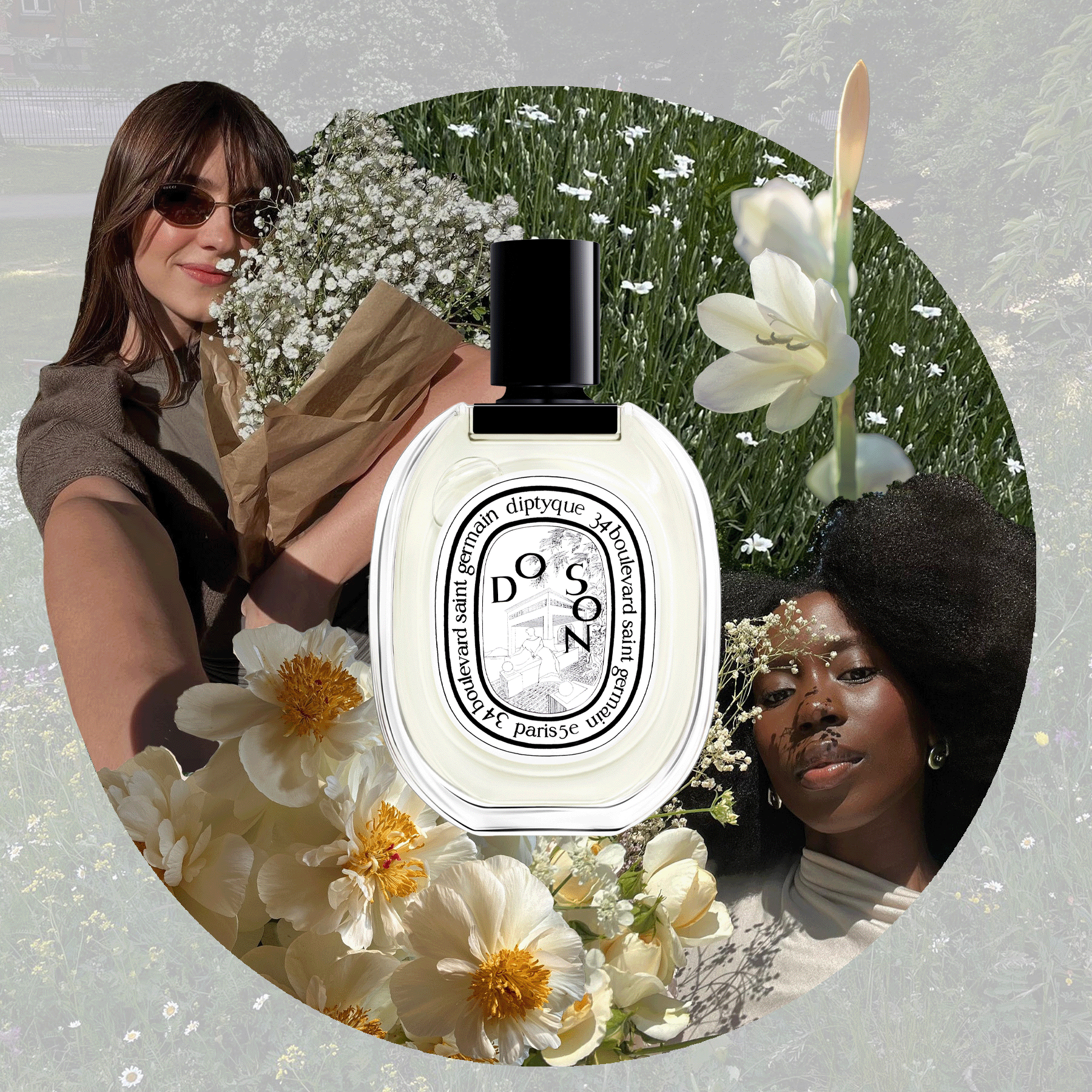 Graphic of white florals, with women holding a bouquet of white dainty flowers, with tuberose and white-petal flowers layered over the top with perfumes from Maison Crivelli, Diptyque and Matiere Premiere