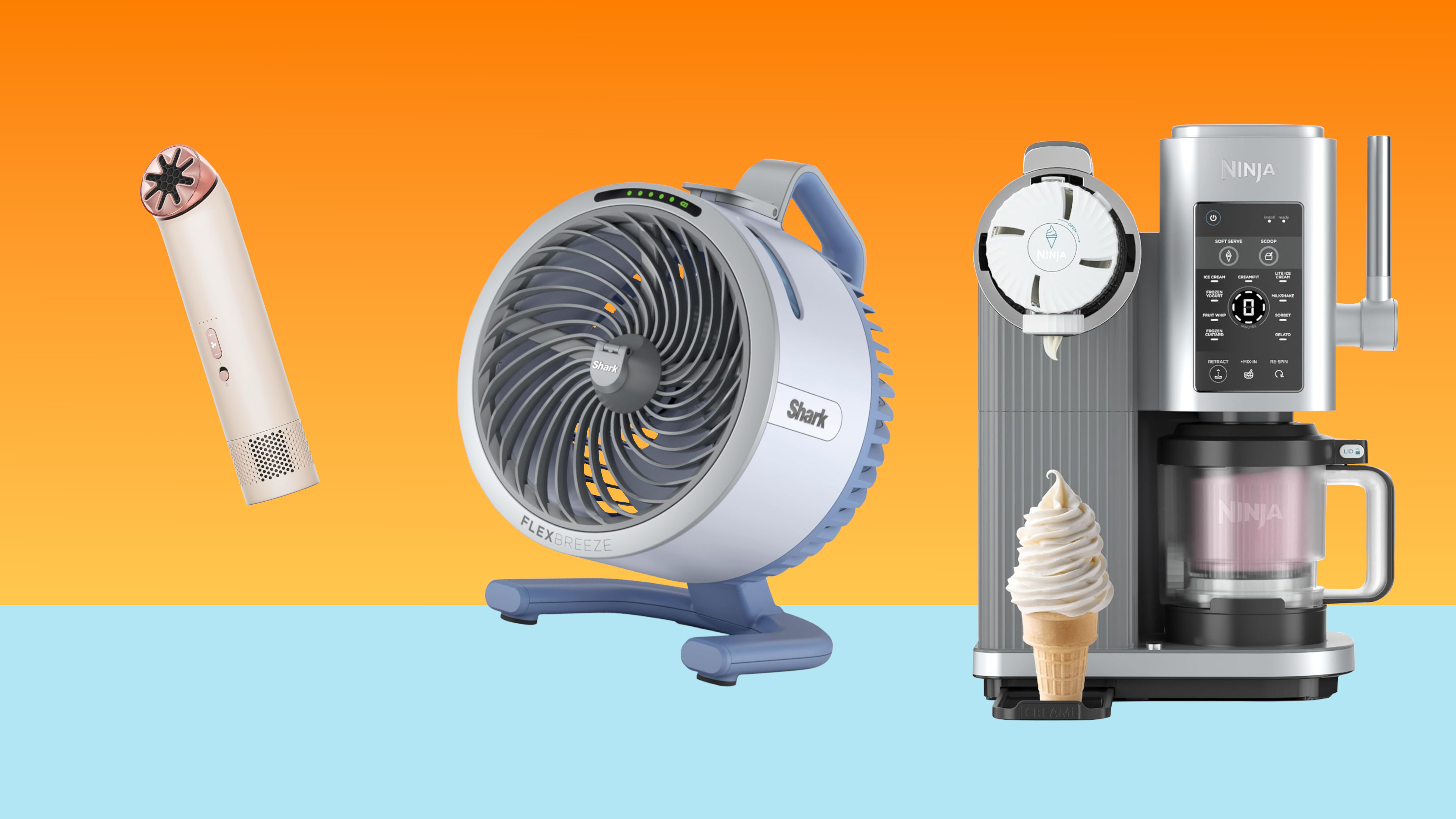 Dyson and Shark fans and Ninja Creami on a red-orange background with light blue base