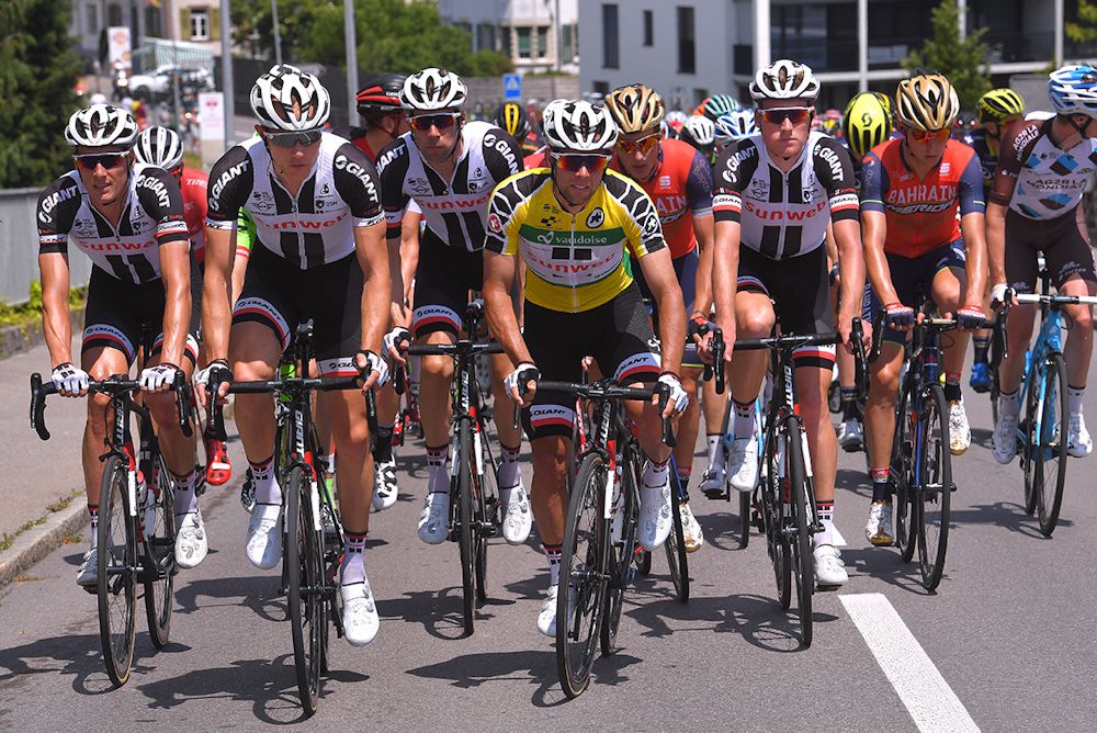 Michael Matthews in yellow during stage 4 at the Tour de Suisse
