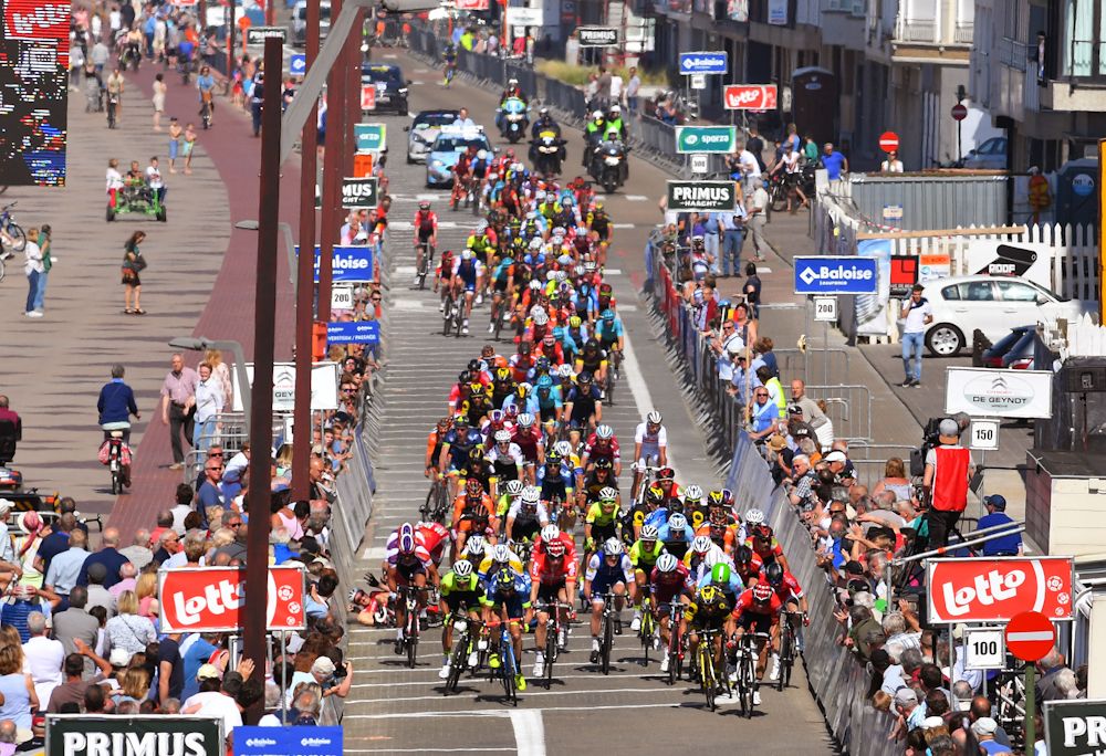 Riders are involved in a pile-up near the end of stage 1 at the Belgium Tour