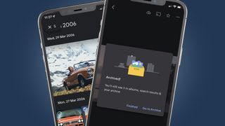 Two phones showing the Google Photos Archive menus