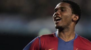 Barcelona's Cameroonian forward Samuel Eto'o celebrates after scoring against Stuttgart during a Champions League Group E football match at the Camp Nou stadium in Barcelona, 12 December 2007. AFP PHOTO/JOSEP LAGO (Photo credit should read JOSEP LAGO/AFP via Getty Images)