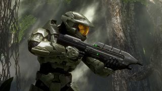 best halo games: side view of Master Chief holding an assault rifle