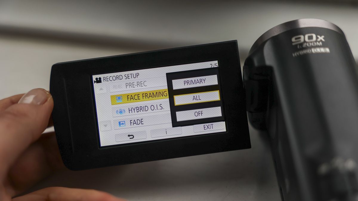 The Panasonic HC-V180 camcorder screen with the face-detection setting