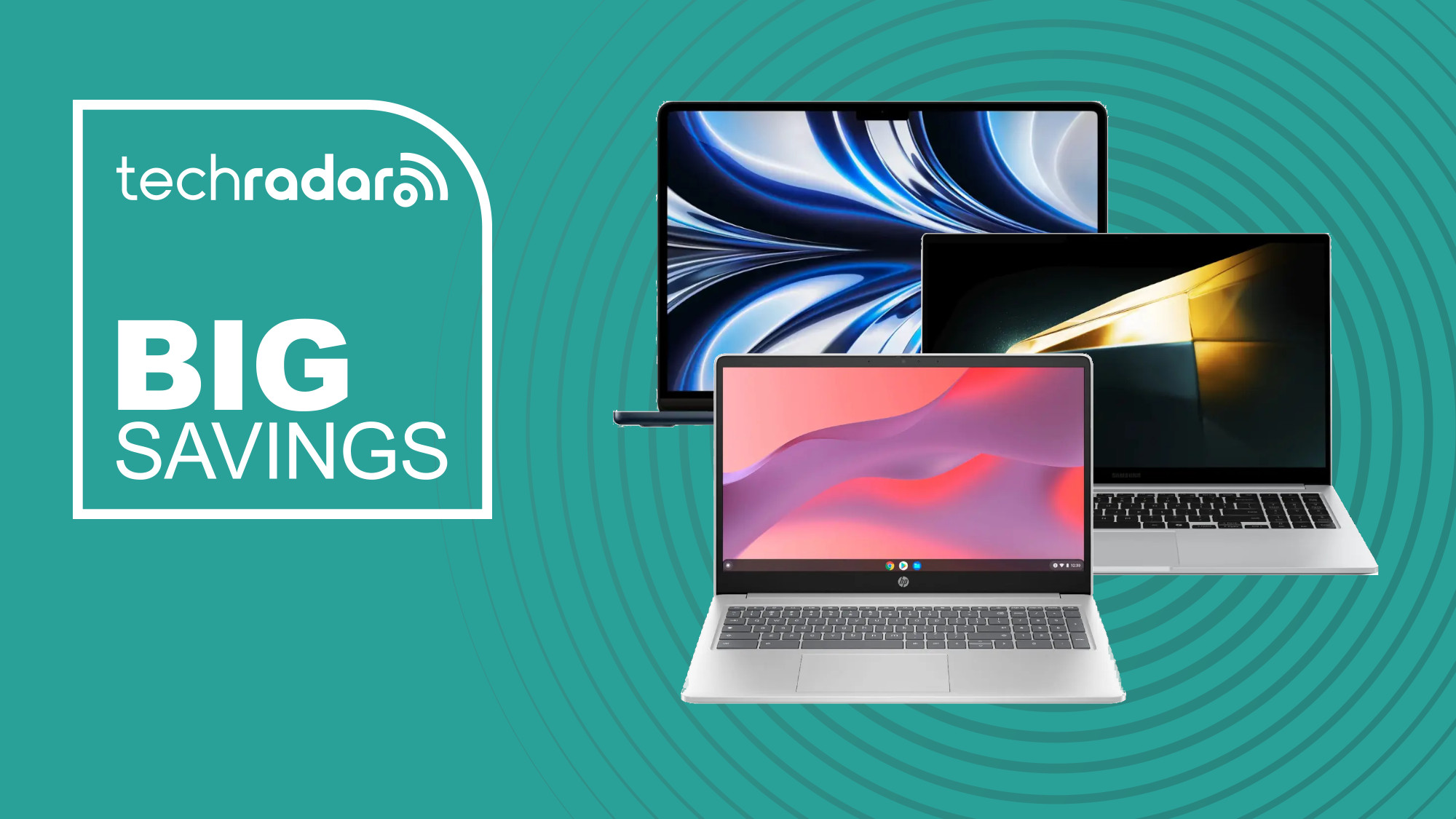 MacBook, Samsung Galaxy Book and HP Chromebook on a green background