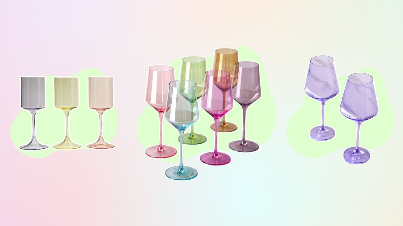 Three sets of colored wine glasses on a pastel pink and green background