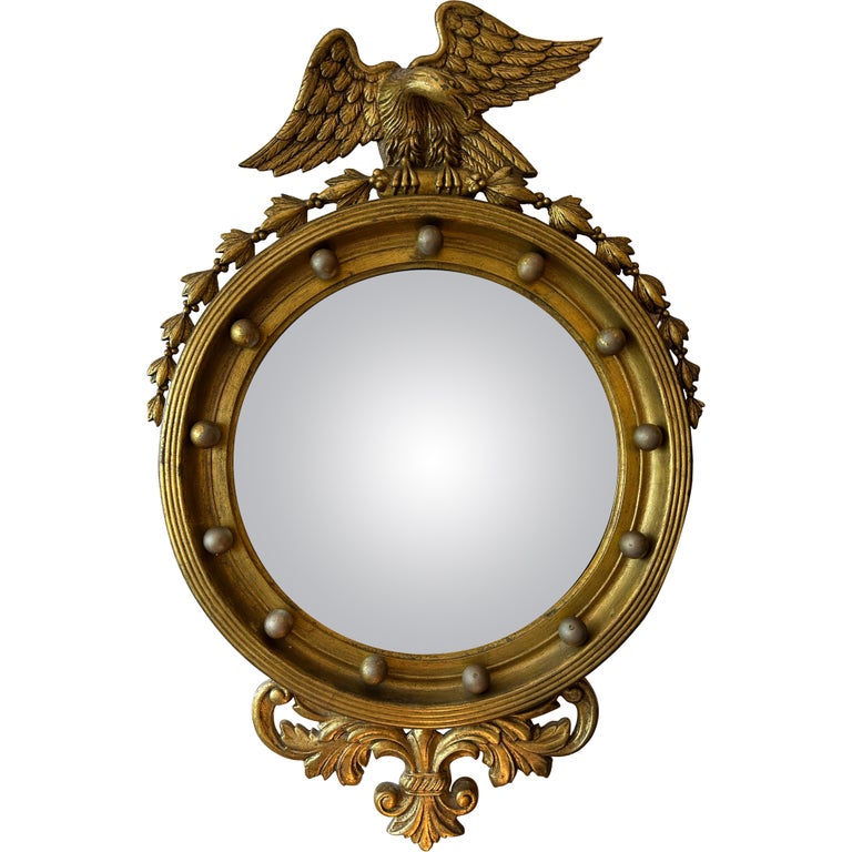 Antique 19th Century American Federal Giltwood Eagle Bullseye Convex Mirror