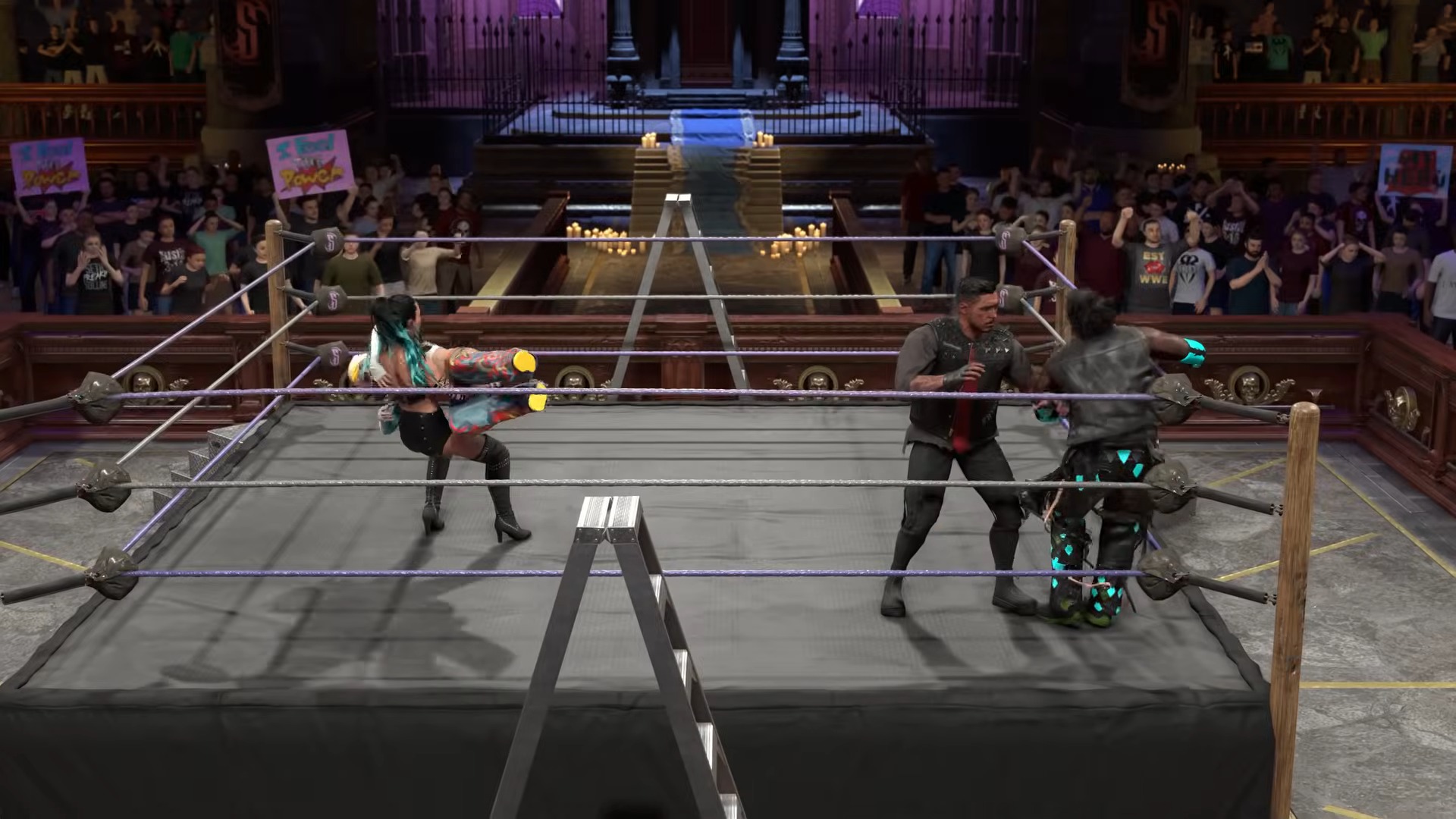 Trailer screenshot of four wrestlers duking it out in a tag team match in WWE 2K26's The Island mode.