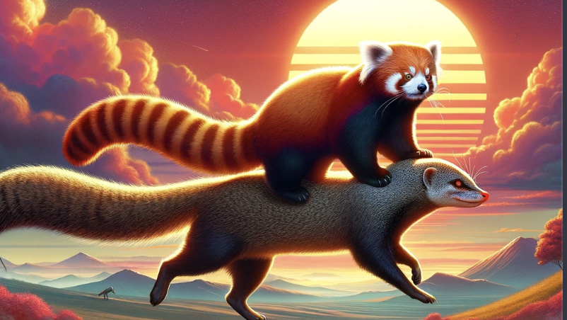 A Dalle3 generated image of a red panda riding a mongoose into the sunset.