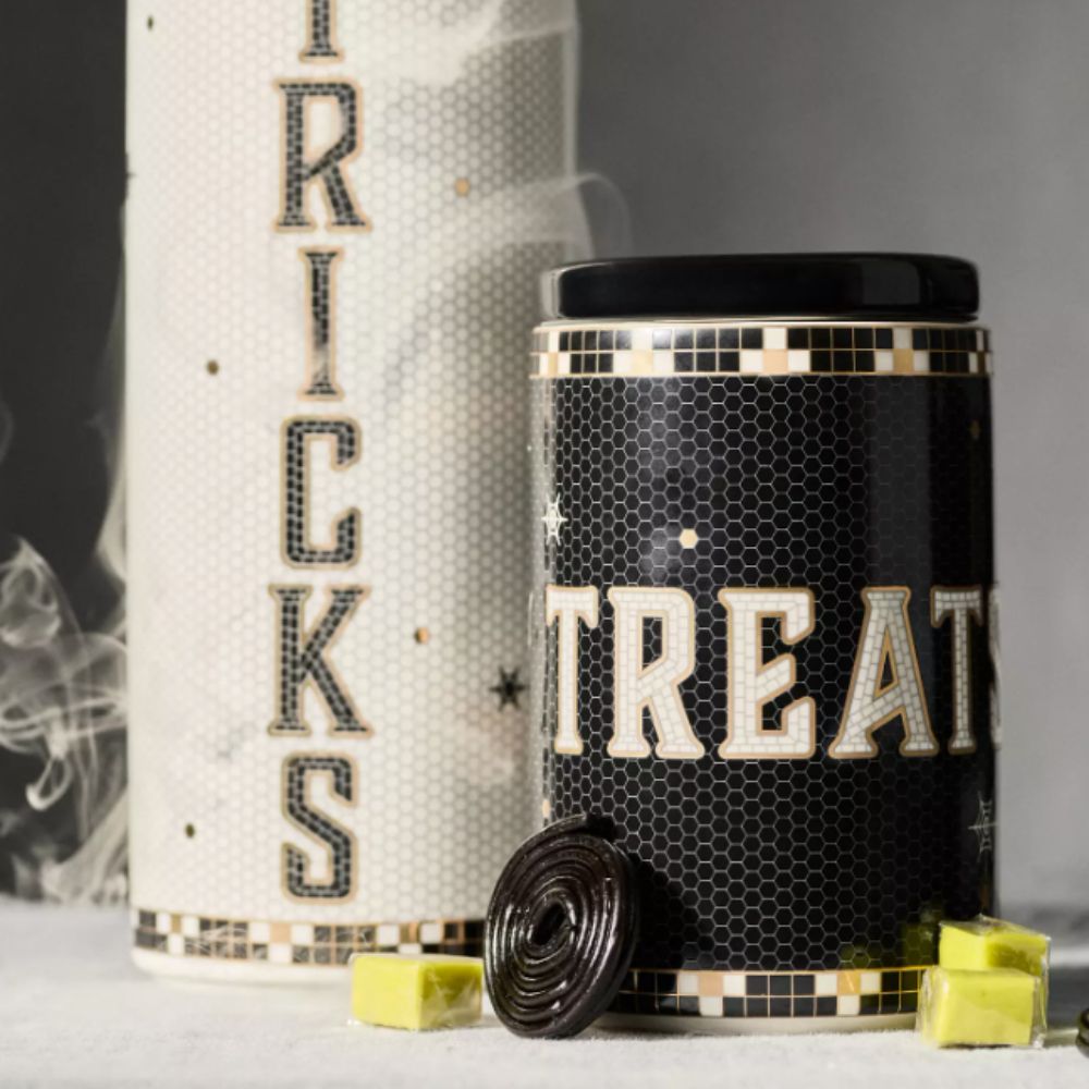 Black and white trick or treat cannisters