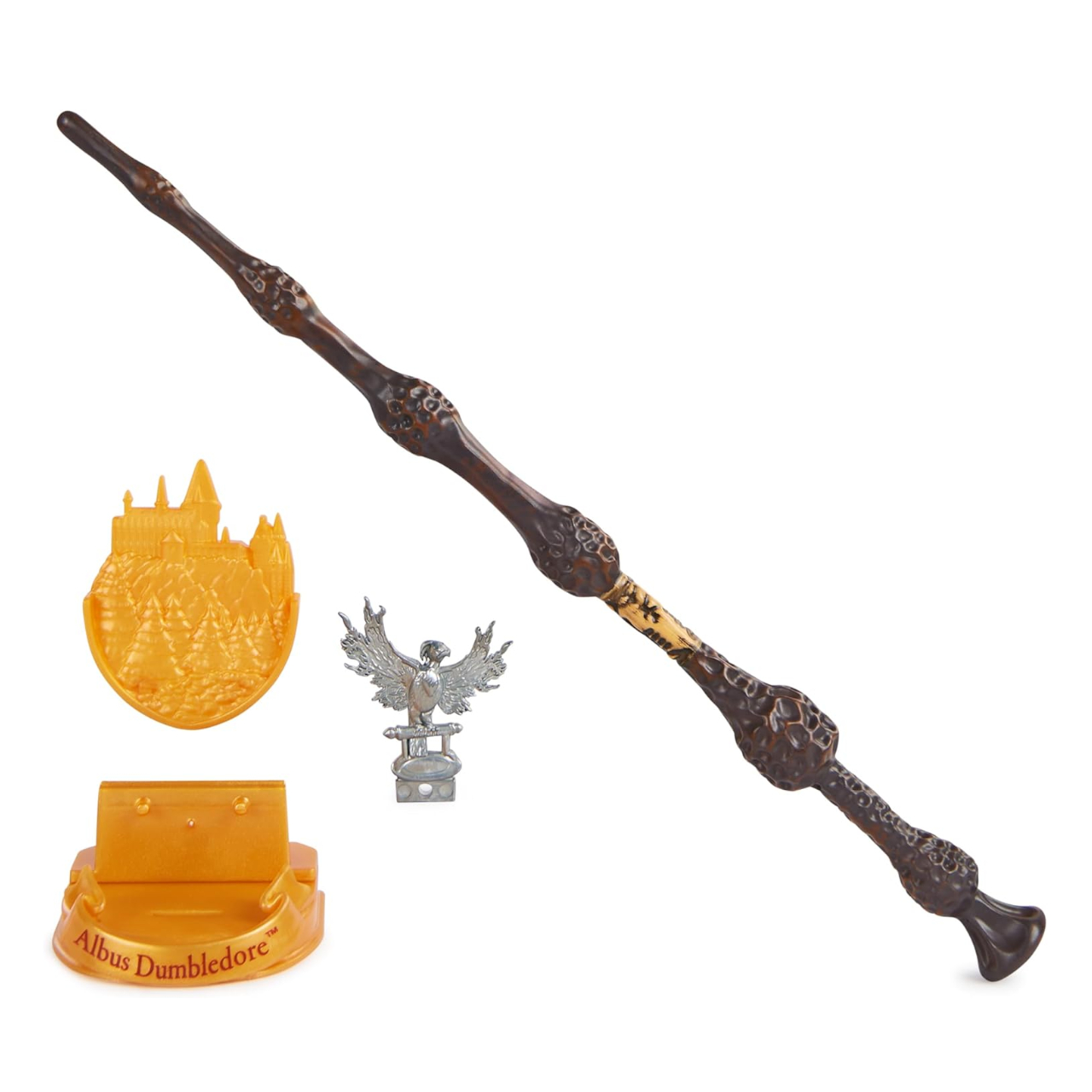Albus Dumbledore toy wand and display pieces on a plain background