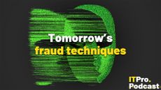 The text "Tomorrow's fraud techniques" against a glitched, green face on a dark background. The words "fraud techniques" are in yellow, the rest are in white. In the bottom-right corner, the ITPro Podcast logo is shown.