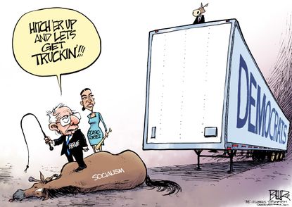 Political cartoon U.S. Bernie Sanders Alexandria Ocasio-Cortez socialism democrats left midterms dead horse