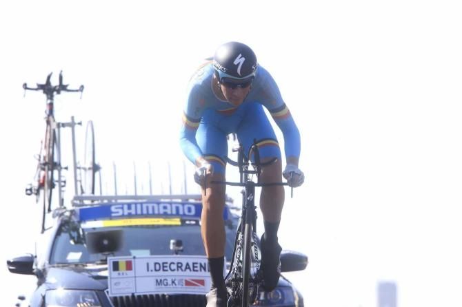 Igor Decraene (Belgium) in full flight during the junior men's time trial at the world championships in Florence.