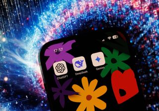 Artificial intelligence mobile app icons for DeepSeek, ChatGPT and Google Gemini arranged on a smartphone. 