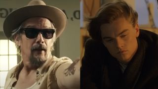 Ethan Hawke wearing a hat and sunglasses in FX's series "The Lowdown," Leonardo DiCaprio's Jack Dawson in Titanic. 