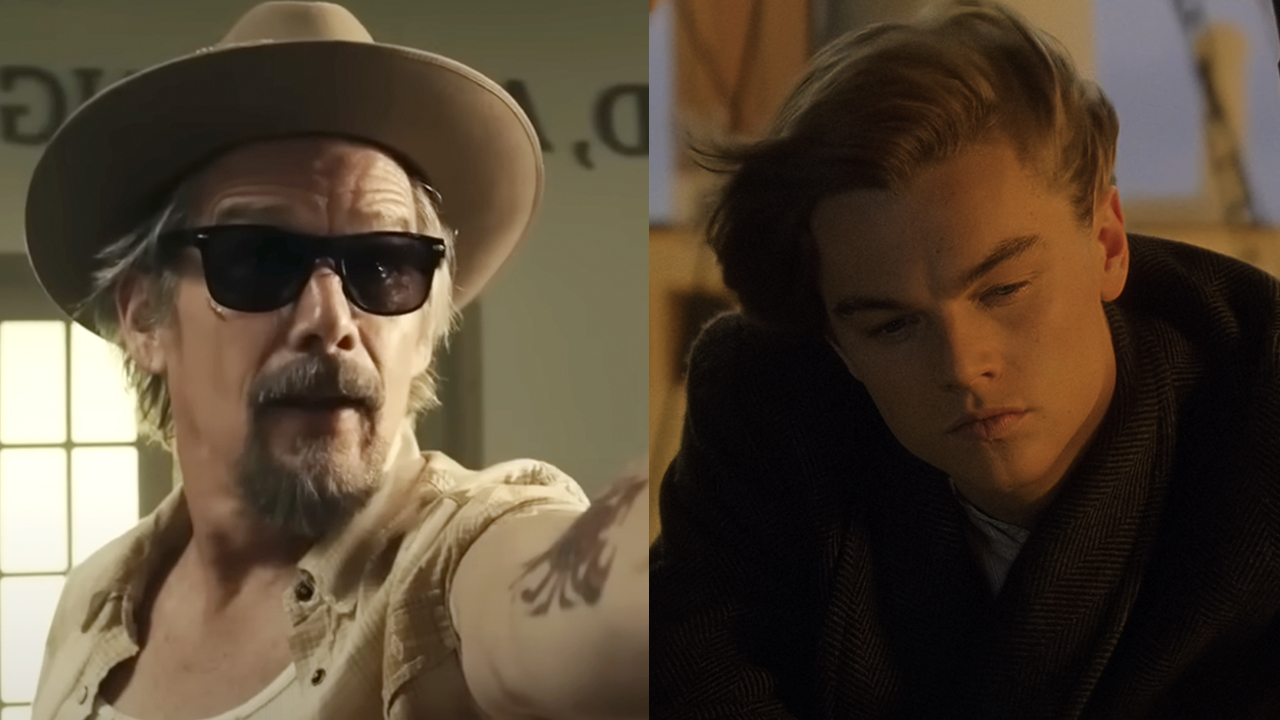 Ethan Hawke wearing a hat and sunglasses in FX&#039;s series &quot;The Lowdown,&quot; Leonardo DiCaprio&#039;s Jack Dawson in Titanic. 