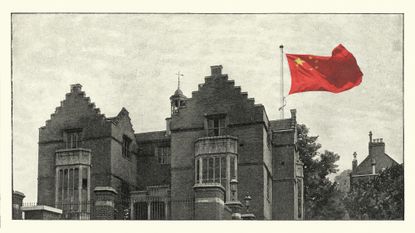 Photo collage of an old sepia photograph of Harrow, flying the flag of China.