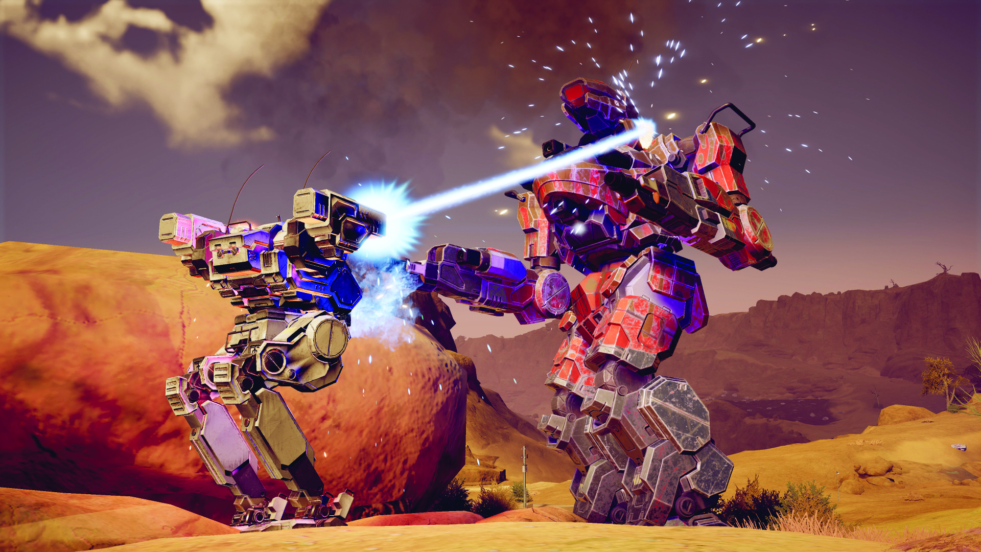 MechWarrior 5: Clans concept art showing battle mechs fighting each other with laser canons