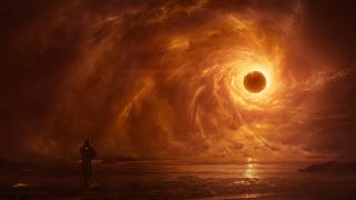 Still from the trailer for the video game Saros. A man watches on as the sun is eclipsed in the sky. The sky is dark and clouded, with a swirl of light glowing from the sun.