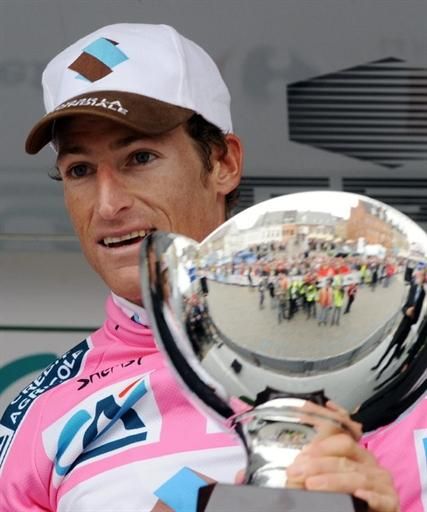 Martin Elmiger (Ag2R-La Mondiale) lifts his trophy on the podium