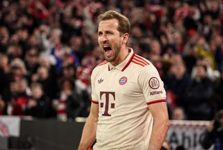 MUNICH, GERMANY - MARCH 05: Harry Kane of FC Bayern Muenchen celebrates after scoring his team`s third goal during the UEFA Champions League 2024/25 UEFA Champions League 2024/25 Round of 16 first leg match between FC Bayern München and Bayer 04 Leverkusen at on March 05, 2025 in Munich, Germany. (Photo by Christina Pahnke - sampics/Getty Images) Liverpool target