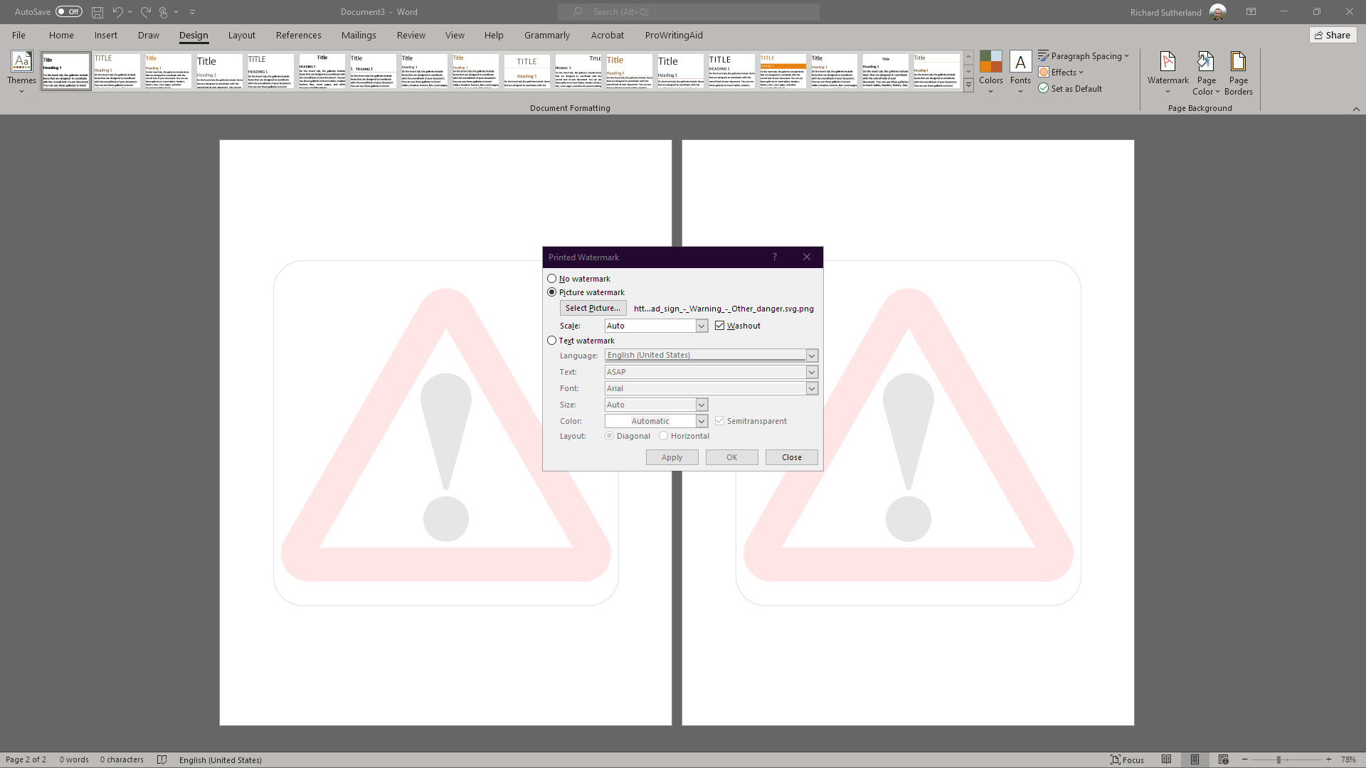 Screenshot of the Printed Watermark dialog box in Word