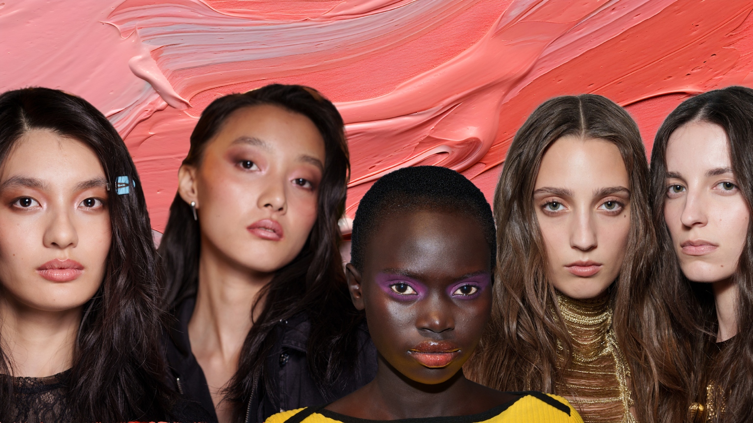 a pink creamy background with five models wearing cream eyeshadow