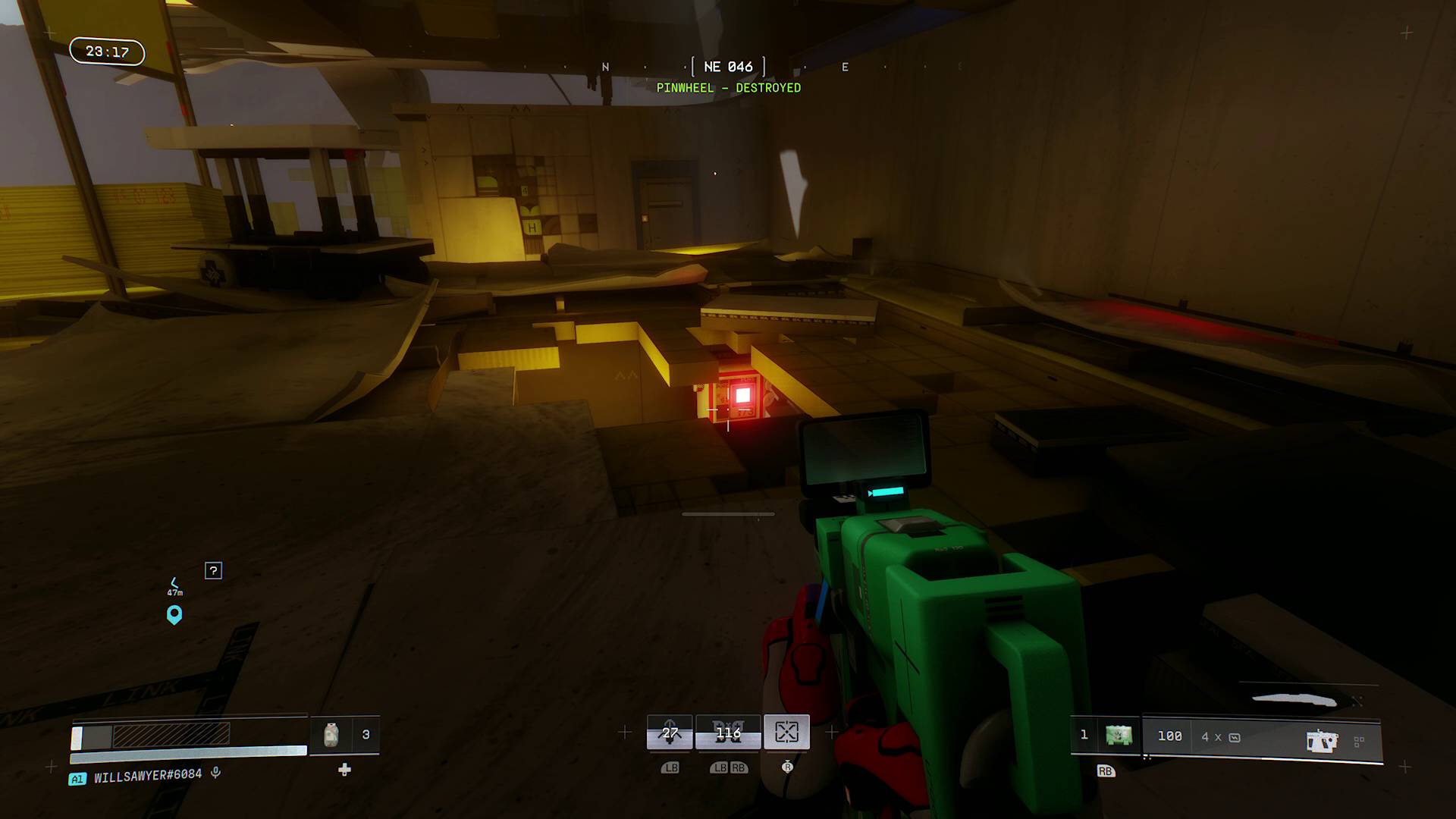 Marathon outpost pinwheel base player aiming at white control box with red light in the floor