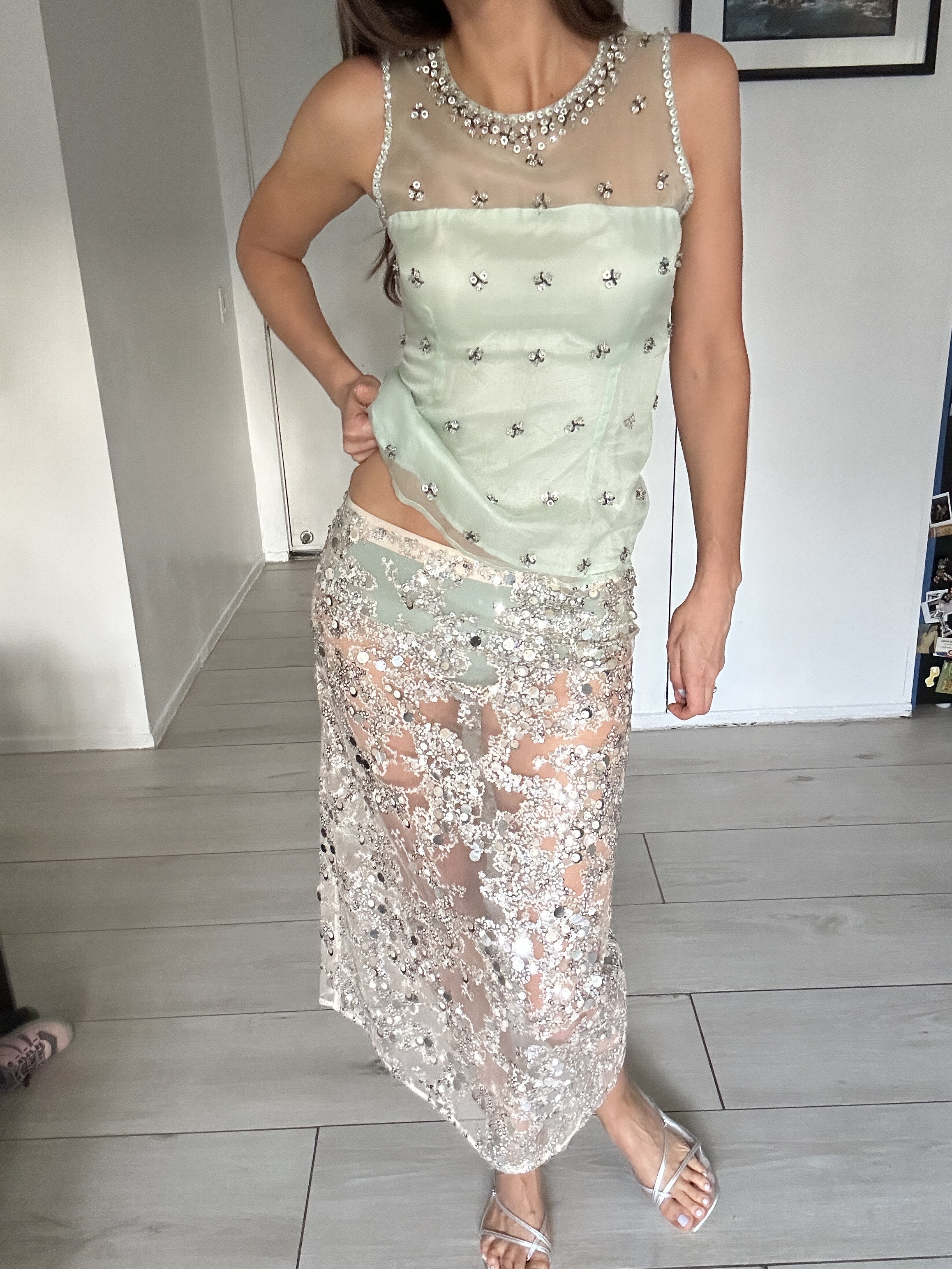 Woman in sheer sequin skirt and top