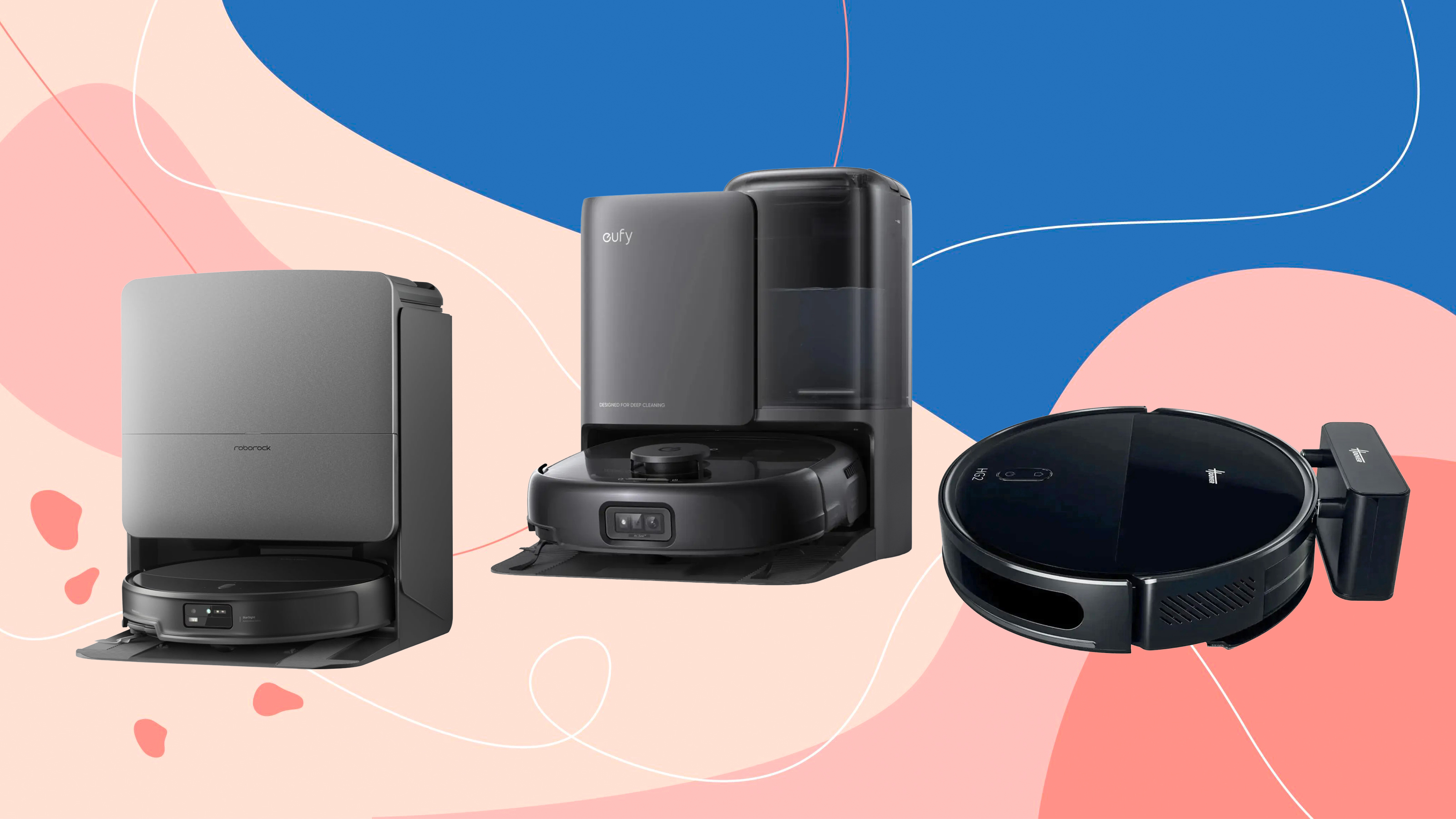 three robot vacuums on a pink and blue background