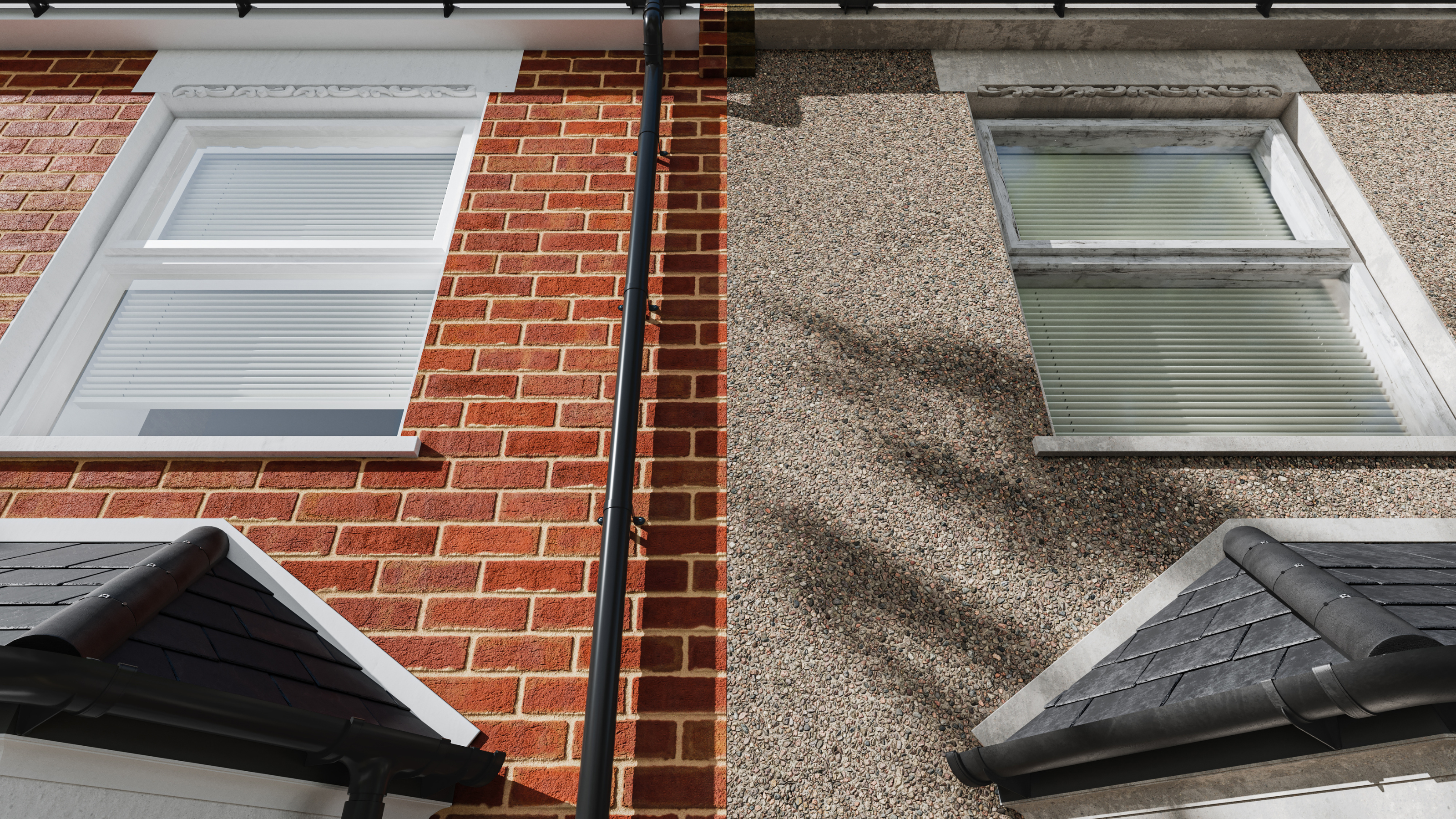 before and after of pebbledash removal on a red brick facade