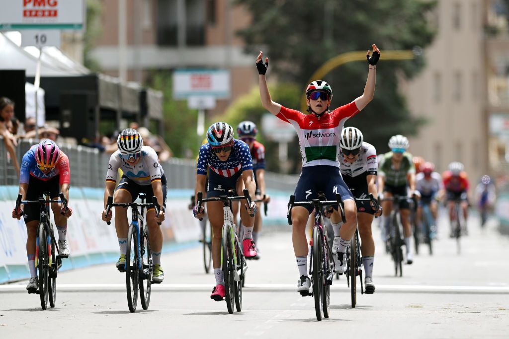SASSARI ITALY JULY 08 Blanka Vas of Hungary and Team SD Worx celebrates at finish line as stage winner ahead of LR Silvia Persico of Italy and UAE Team ADQ Liane Lippert of Germany and Movistar Team and Chloe Dygert of The United States and Team CanyonSRAM Racing during the 34th Giro dItalia Donne 2023 Stage 8 a 1257km stage from Nuoro to Sassari UCIWWT on July 08 2023 in Sassari Italy Photo by Dario BelingheriGetty Images