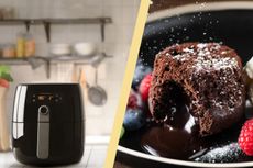 A collage of an air fryer and a chocolate lava cake