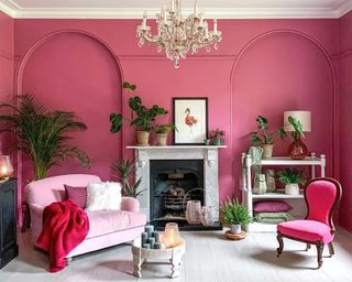 Pink living room with fireplace by @kate_hollingsworth_home