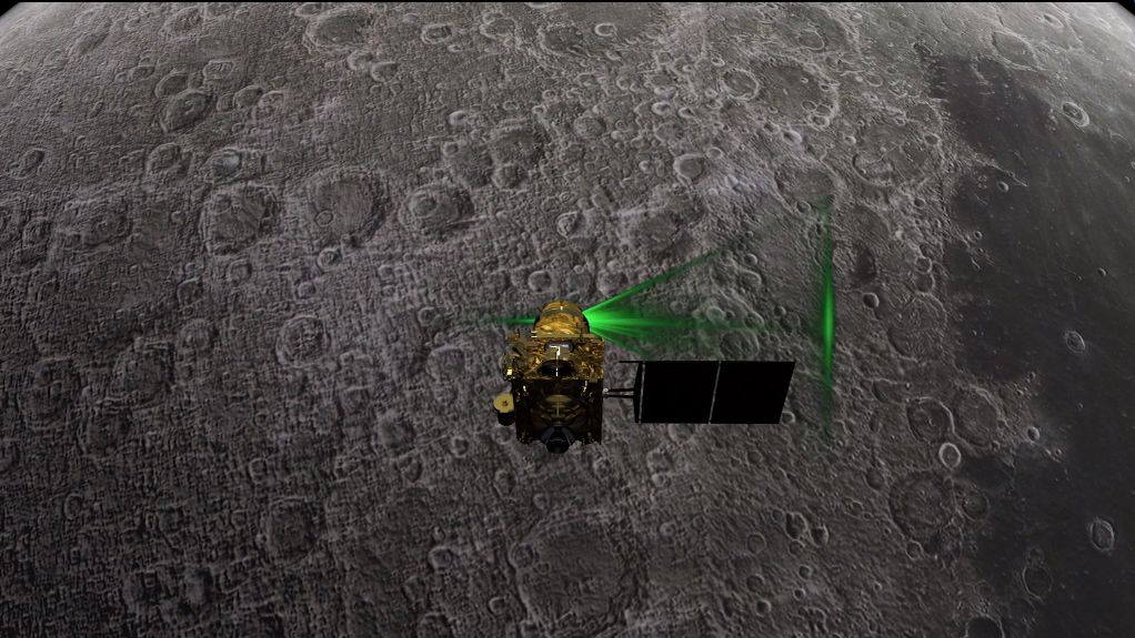 The Indian Space Research Organisation&#039;s Chandrayaan-2 moon orbiter is shown studying the lunar surface from above in this still image from a video animation.