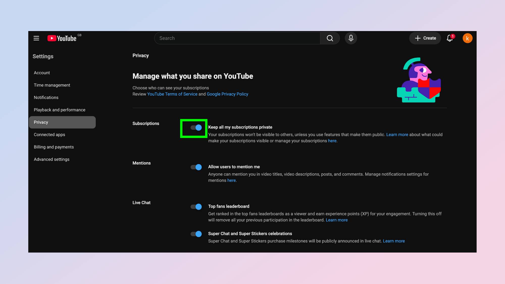 Keep all my subscriptions private toggled on in YouTube