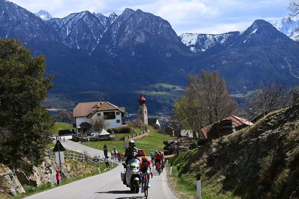 RITTEN ITALY APRIL 18 A general view of Santiago Buitrago of Colombia and Team Bahrain Victorious attacks in the breakaway ahead of Pavel Sivakov of France Tao Geoghegan Hart of United Kingdom and Team INEOS Grenadiers Green leader jersey Hugh Carthy of United Kingdom and Team EF EducationEasypost and Jack Haig of Australia and Team Bahrain Victorious during the 46th Tour of the Alps 2023 Stage 2 a 1652km stage from Reith im Alpbachtal to Ritten 1174m on April 18 2023 in Reith im Alpbachtal Italy Photo by Tim de WaeleGetty Images