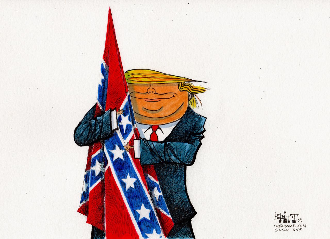 Political Cartoon U.S. Trump hug confederate flag