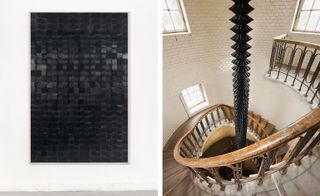 On the left is Vertikale Wellen, 2015, cut vinyl records and canvas on wooden structure and on the right a view of the exhibition ‘XVI. Rohkunstbau ATLANTIS I