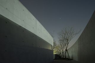The exterior of the He Art Museum at night. A rooftop space with trees.