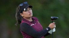 Jasmine Suwannapura of Thailand plays her shot from the ninth tee during the first round of the Kroger Queen City Championship presented by P&G 2024 at TPC River's Bend on September 19, 2024 in Maineville, Ohio. 