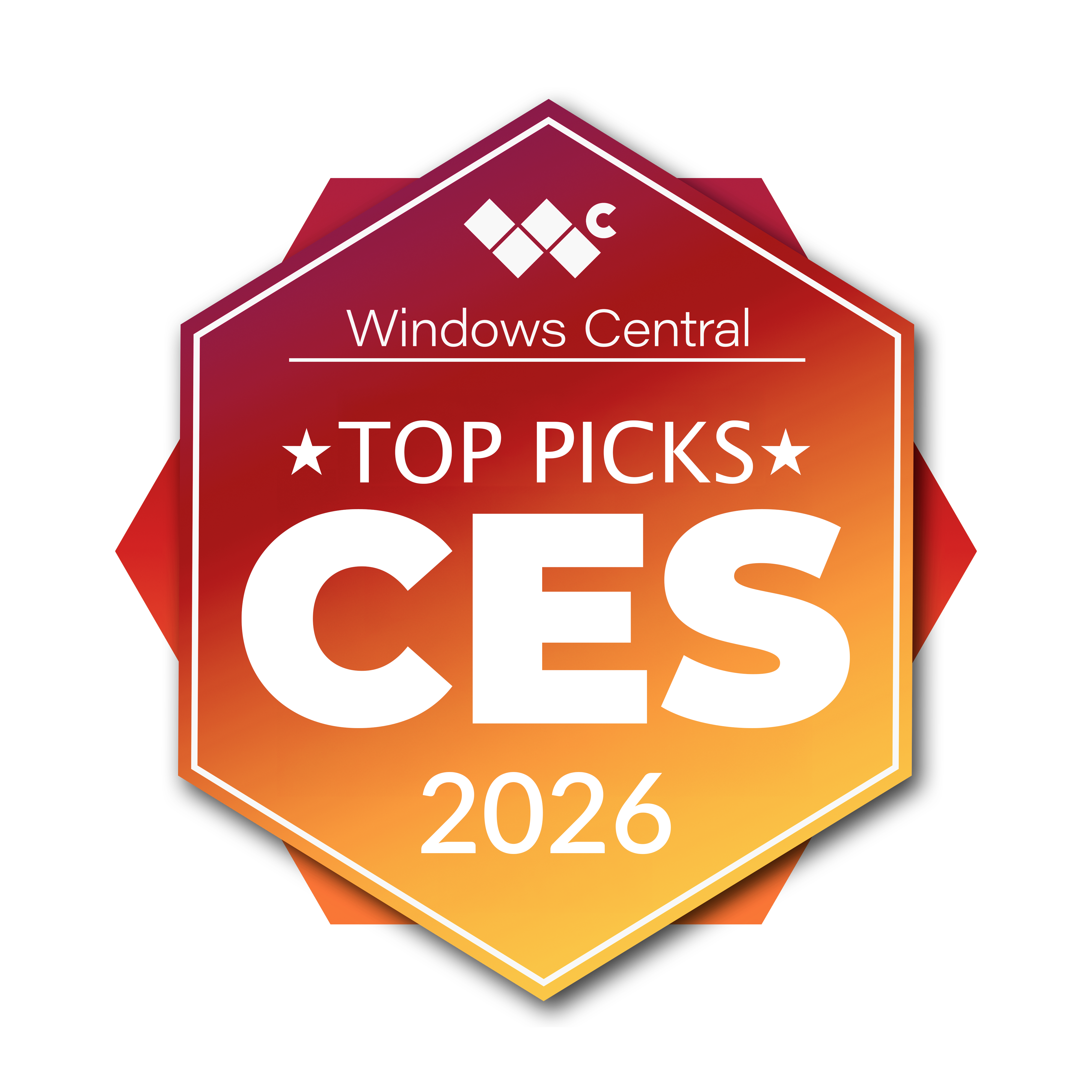 An orange and yellow hexagonal badge that says, "Windows Central Top Picks CES 2026."