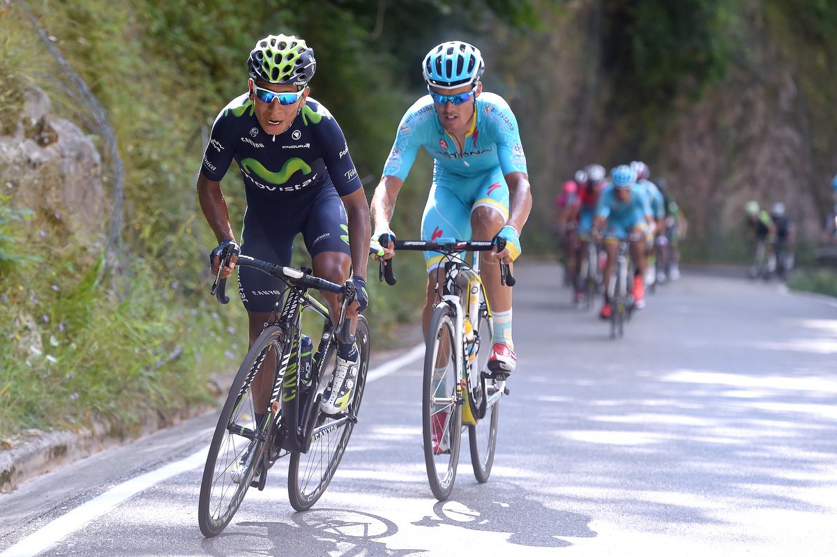 Nairo Quintana (Movistar) with Luis Leon Sanchez on his wheel