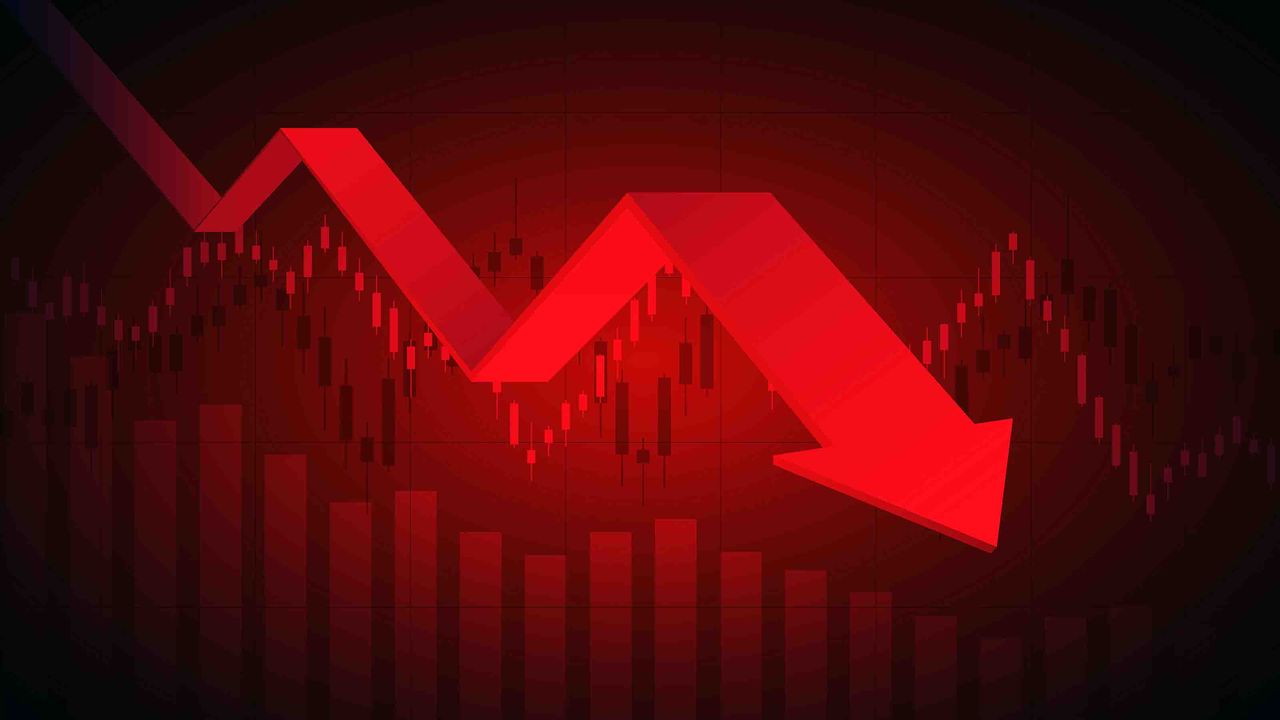 A big red down arrow representing stocks