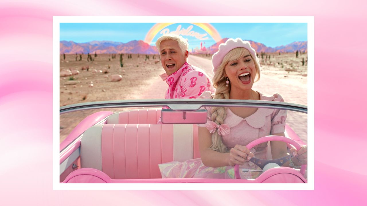 (L-r) RYAN GOSLING as Ken and MARGOT ROBBIE as Barbie, picture in Barbie&#039;s pink car in Warner Bros. Pictures’ “BARBIE,” a Warner Bros. Pictures release./ in a pink and white abstract template