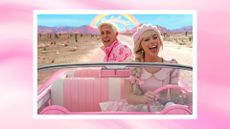 (L-r) RYAN GOSLING as Ken and MARGOT ROBBIE as Barbie, picture in Barbie's pink car in Warner Bros. Pictures’ “BARBIE,” a Warner Bros. Pictures release./ in a pink and white abstract template