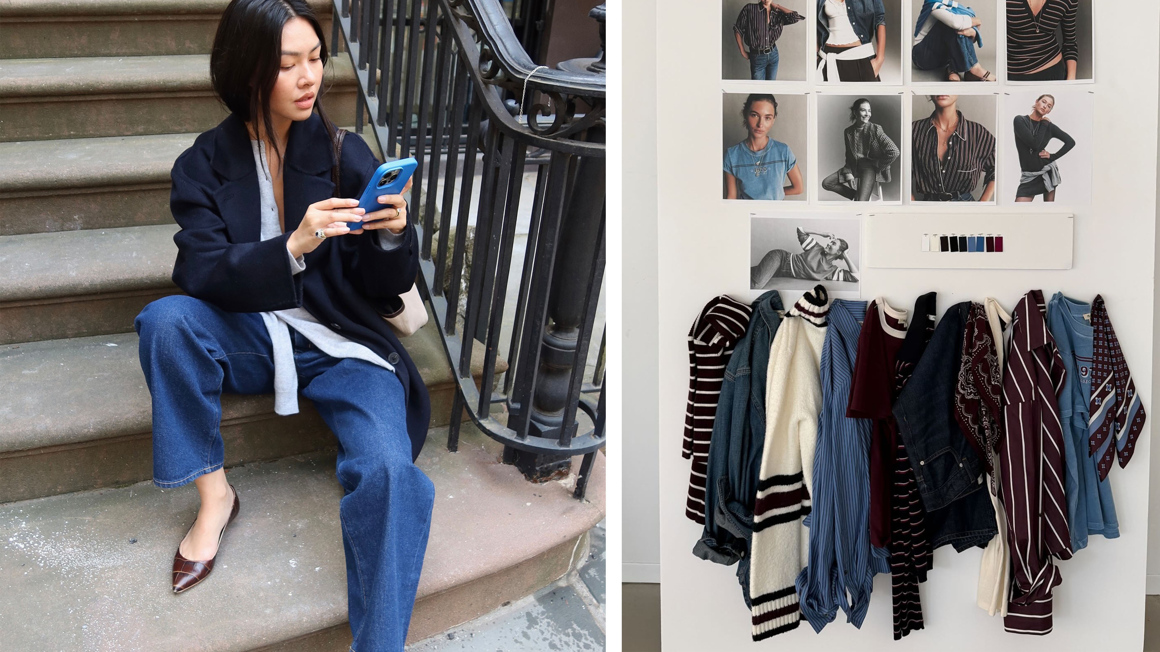 Woman in jeans looking at her phone; Madewell products hanging up